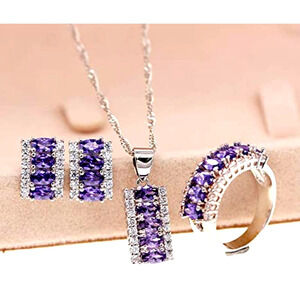 Amethyst Gems Platinum Plated Necklace Earring Ring CZ Cubic Rhinestone